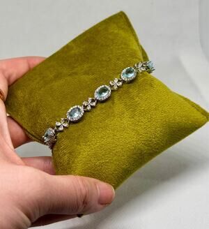 Silver-Tone Light Blue Stone Floral Link Bracelet